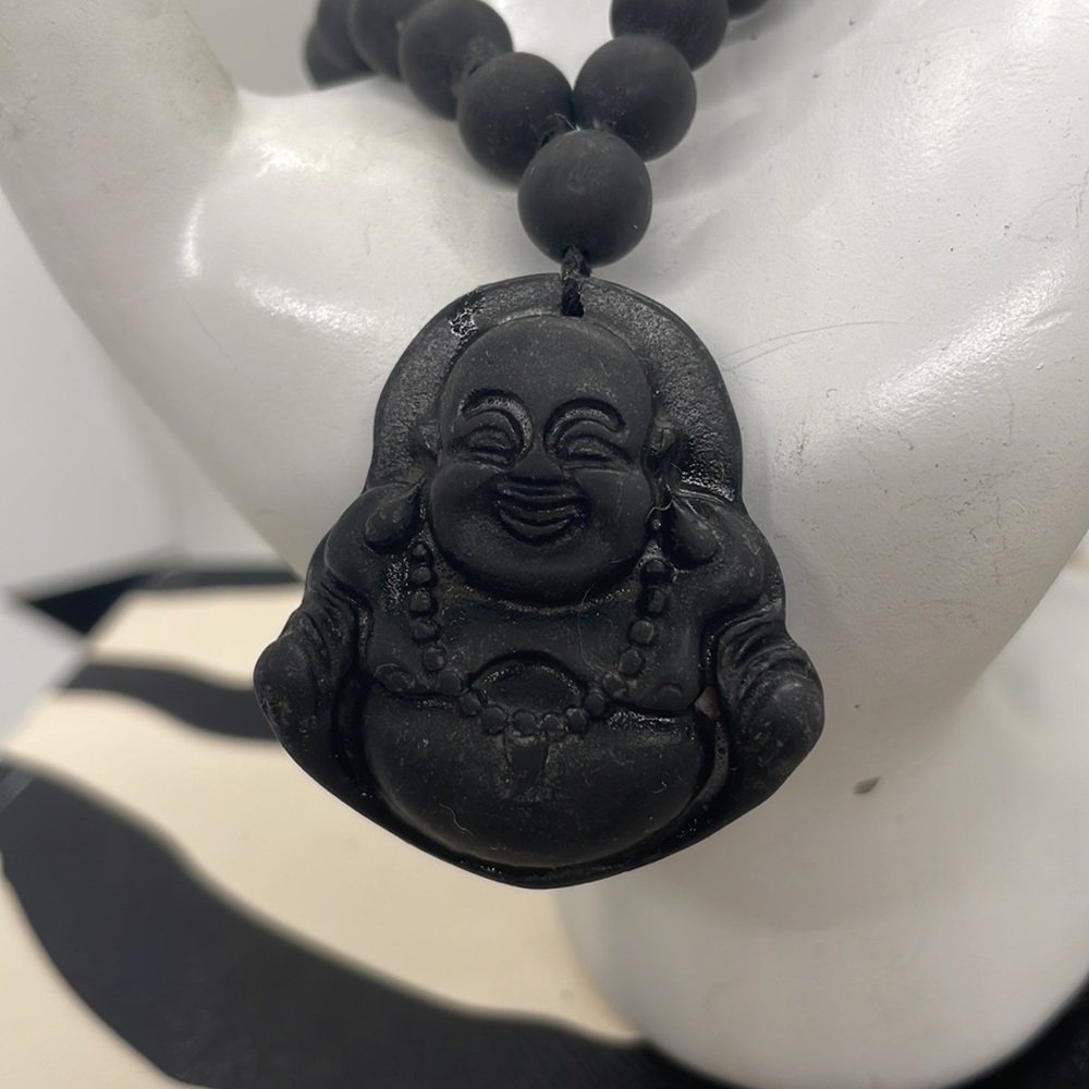 Matt Unisex Black Obsidian Carved Laughing Buddha Pendant Necklace